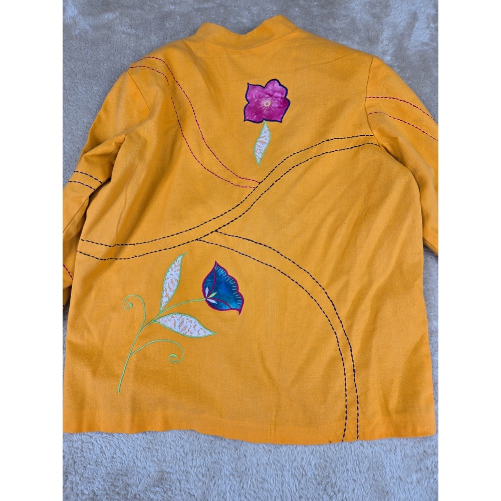 Julia Ku Womens Mustard Yellow Floral Embroidered Art to Wear Jacket Mandarin L - Picture 9 of 9